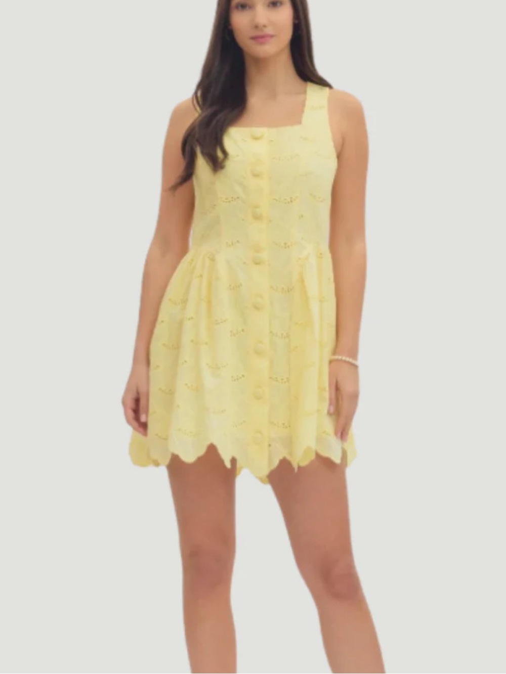 New Boho Cottagecore Butter Yellow Eyelet Square-Neck Bodice Mini Dress